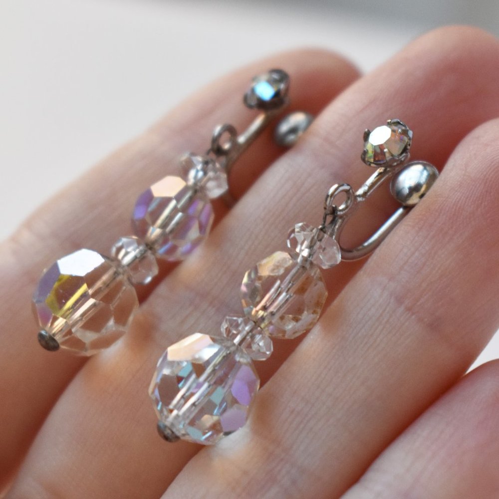 AB crystal dangle earrings clip on, elegant rhinestone earrings no piercings